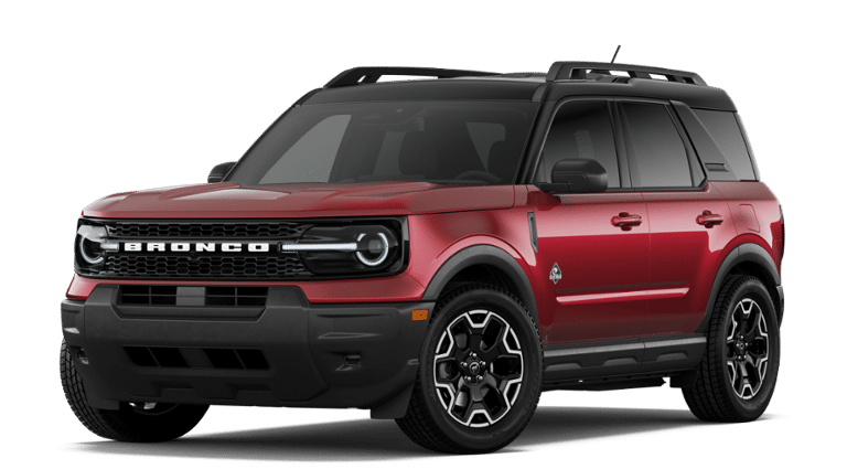 2026 Ford Bronco Sport Outer Banks in Ruby Red Metallic Tinted Clearcoat — front three-quarter view